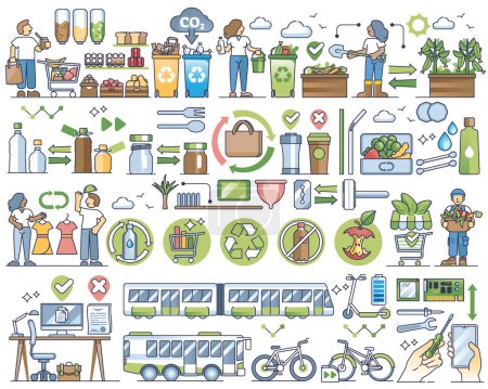 Illustration for Zero waste lifestyle with resource material recycling outline collection set. Green living items with ecological product reusage and repair to save plastic, glass, food and paper vector illustration. - Royalty Free Image