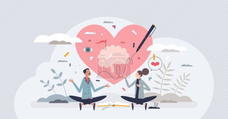 Illustration for Mental health awareness and emotional care therapy tiny person concept. Psychological support and help after breakup, relationship crisis and frustration vector illustration. Feelings care or balance - Royalty Free Image