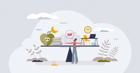 Employee wellness programs with workspace health benefits tiny person concept. Job and relaxation balance with company provided leisure services vector illustration. Workforce bonus and satisfaction.