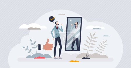 Self presentation and learning how to introduce yourself tiny person concept. Mirroring for good look, appearance and visual style vector illustration. Confidence and personality impression training.