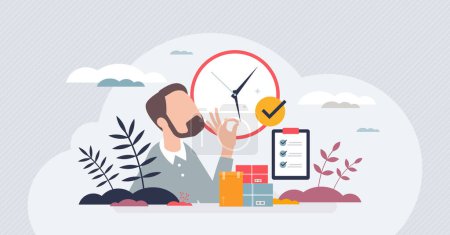 Illustration for Just in time delivery or precise lean manufacturing tiny person concept. Effective logistic with high accuracy or reaction to demand vector illustration. Correct schedule for accurate and fast supply - Royalty Free Image