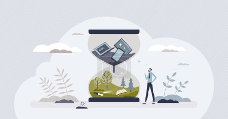 Illustration for Digital detox and escape from technology to nature tiny person concept. Exit cyberspace to outdoor relaxation and disconnect from gadgets vector illustration. Turn off smartphone and enjoy forest. - Royalty Free Image