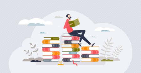 Illustration for Lifelong learning and continuing academic development tiny person concept. Read books for personal growth and mental skills potential vector illustration. Education boost for better qualification. - Royalty Free Image