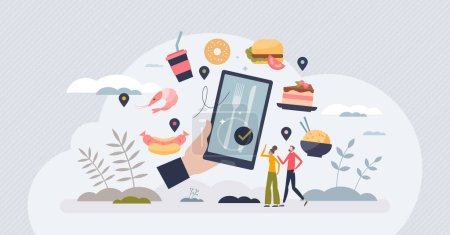 Illustration for Food delivery apps and application for meal orders tiny person concept. Online service with fast and easy catering menu distribution vector illustration. Web software for pizza or burger express. - Royalty Free Image