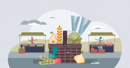 Illustration for Reducing carbon footprint through daily food choices tiny person concept. Eat healthy and buy local vegetables, roots, fruits and berries from farmers market vector illustration. Nature friendly shop - Royalty Free Image