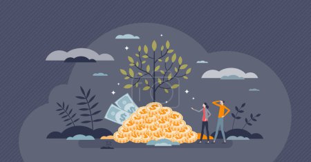 Illustration for Sustainable and responsible finances investing strategy tiny person concept. Economy development with ecological and environmental principles vector illustration. Coin tree growth as green economy. - Royalty Free Image