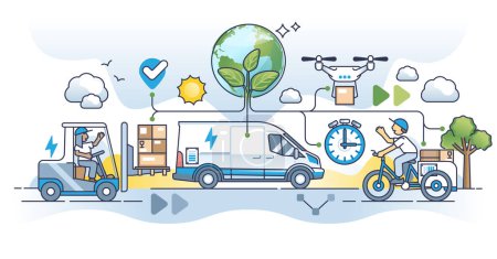 Téléchargez les illustrations : Logistique verte et consommation d'énergie durable pour le concept de contour des transports. Transport et livraison avec carburant respectueux de la nature et de l'environnement pour une illustration vectorielle de service rapide et efficace. - en licence libre de droit