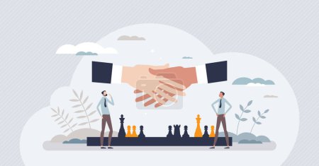 Illustration for Conflict resolution in business with smart tactics and strategy tiny person concept. Solved problem with agreement, deal and final handshake as professional challenge solution vector illustration. - Royalty Free Image