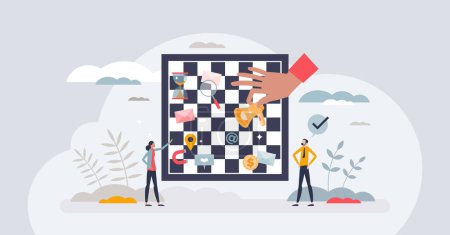 Illustration for Marketing strategy with smart, effective business moves tiny person concept. Right advertisement, ads and promotion timing with scheduled budget spending for maximal sales effect vector illustration. - Royalty Free Image