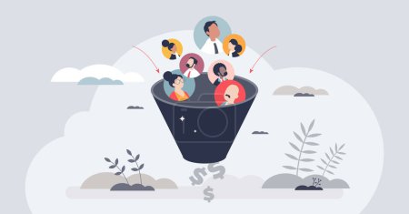 Illustration for Sales funnel as leads conversion to purchase profit tiny person concept. Client and customer management process with awareness, engagement, evaluation, buying and loyalty stages vector illustration. - Royalty Free Image