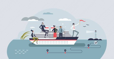 Illustration for Project management journey and clear business roadmap tiny person concept. Company leader effort as ship captain with future vision, checked milestones and target with objectives vector illustration. - Royalty Free Image
