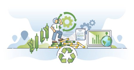 Illustration for Green economy and environmental global business development outline concept. Save earth with sustainable projects and nature friendly investments vector illustration. Company with future bio vision. - Royalty Free Image