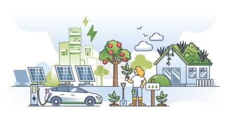 Illustration for Sustainable living with ecological environmental lifestyle outline concept. Nature friendly urban gardening and electric vehicle usage as responsible life vector illustration. Solar power for home. - Royalty Free Image