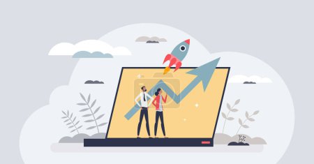 Illustration for Productivity and effective work with results development tiny person concept. Successful profit raising and business boost with earnings vector illustration. Increase growth with efficiency effort. - Royalty Free Image
