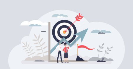 Illustration for Goal setting for measurable business target achievement tiny person concept. Smart strategy and plan for successful objective reaching vector illustration. Company development and vision management. - Royalty Free Image