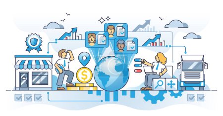 Illustration for Global sourcing optimization for cheap foreign labor outline concept. Business employee network to save money with skilled labor from low cost countries vector illustration. International partnership - Royalty Free Image