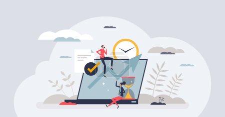 Illustration for Time tracking and effective working hours management tiny person concept. Productive software app for employee work efficiency monitoring vector illustration. Business development and productivity. - Royalty Free Image