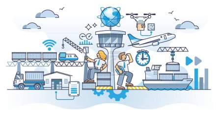 Illustration for Coordinating logistics and transportation system management outline concept. Supply company effective and fast work for international distribution vector illustration. Cargo freight movement flow. - Royalty Free Image