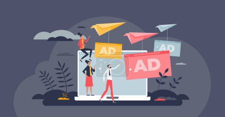 Online advertising and commercial campaign with web ads tiny person concept. Promotion offers in sponsored posts, email messages or stories content vector illustration. Social media targeted audience