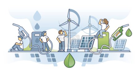 Ilustración de De combustibles fósiles a combustibles verdes como concepto de esquema de uso de energía bio reciclable. Cambio futuro del suministro de diesel al eólico, solar o biodiésel para salvar la naturaleza y reducir la contaminación por CO2 ilustración vectorial. - Imagen libre de derechos