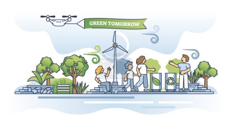 Illustration for Environmental awareness and sustainability for green tomorrow outline concept. Ecological care with recyclable waste management and nature friendly or clean power consumption vector illustration. - Royalty Free Image