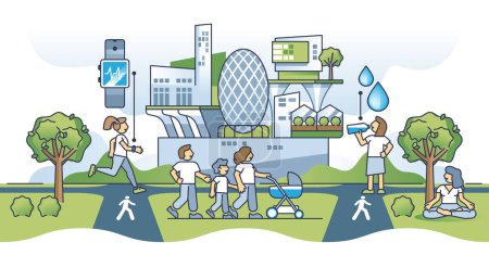 Illustration for Health and well being in modern nature friendly world with green environment outline concept. Healthy urban society with physical activities, suitable for families and recreation vector illustration. - Royalty Free Image