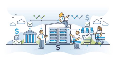 Data driven economy with digital financial system for money outline concept. Economic ecosystem or platform for information gathering, organization and exchange by company network vector illustration