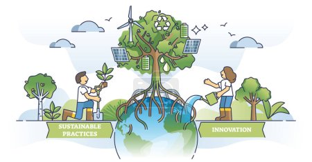 Durabilité et écologie, les pratiques commerciales décrivent le concept. Principes innovants avec une approche respectueuse de l'environnement et de la nature pour un développement d'entreprise réussi illustration vectorielle.