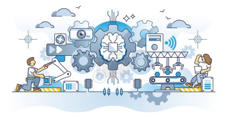 Illustration for AI and automation revolution with artificial intelligence evolution outline concept. Smart, modern and effective manufacturing with technological progress vector illustration. Complex system assembly - Royalty Free Image