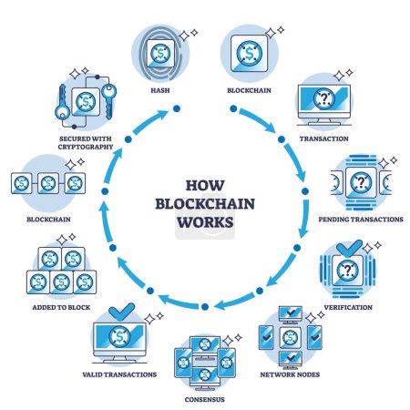Illustration for How blockchain works with virtual transaction explanation outline diagram. Labeled educational scheme with block chain process principle vector illustration. Money transfer with digital technology. - Royalty Free Image