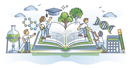 Illustration for Pathway to knowledge and academic training with smart books outline concept. Chemistry, physics or math research in teamwork groups vector illustration. STEM skills learning in university or school. - Royalty Free Image