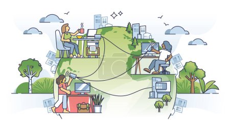 Rise of remote work culture as distant office job from home outline concept. Flexible workspace from distance for freelance employee vector illustration. Fast internet connection for online workplace