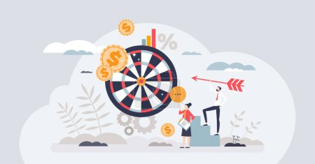 Illustration for Goal setting for achievable business targets and vision tiny person concept. Effective defined future objectives for financial growth, profit and company financial development vector illustration. - Royalty Free Image