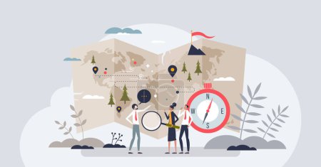 Illustration for Navigating the project management odyssey and business tiny person concept. Journey with obstacles, challenges and difficulties to reach company targets and reach top objectives vector illustration. - Royalty Free Image