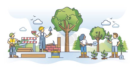 Illustration for Nature vs urbanization as different contrast areas for living outline concept. House construction and deforestation versus tree sapling for forest vector illustration. Urban or nature environment. - Royalty Free Image