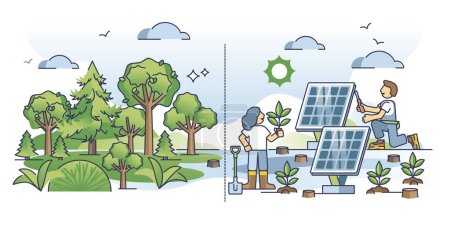 Illustration for Climate change and conservation with green forest planting outline concept. Sustainable energy with solar panels as nature friendly alternative vector illustration. Forestation to control carbon. - Royalty Free Image