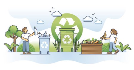 Ilustración de La gestión de residuos como separación de basura para el concepto de esquema de reciclaje de materiales. Botellas de plástico y contenedor de compost alimenticio biodegradable como ilustración vectorial de eliminación respetuosa con el medio ambiente y la naturaleza - Imagen libre de derechos