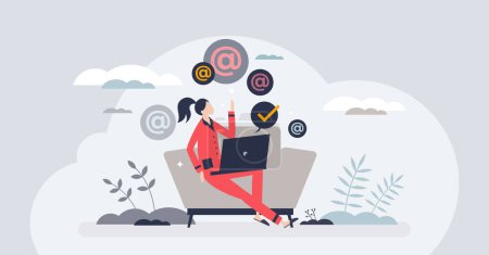 Illustration for Freelancer life and distant work lifestyle for freedom tiny person concept. Modern style for professional online job with working from home vector illustration. Use internet to answer email messages. - Royalty Free Image