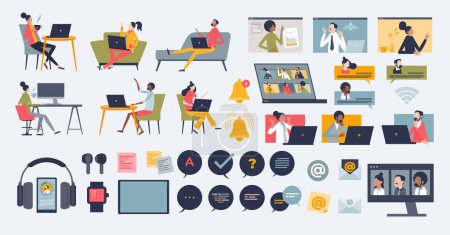 Illustration for Digital communication and remote online work tiny person collection set. Elements with distant job conversation and interaction with colleagues vector illustration. Webinar and videocall technology. - Royalty Free Image