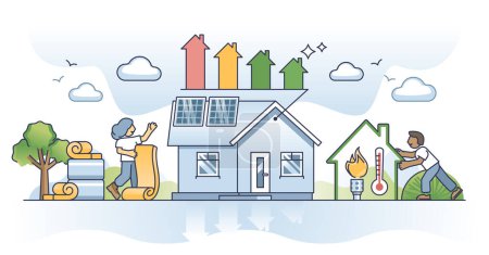 Ilustración de La eficiencia energética del hogar y el aislamiento del hogar para ahorrar costes describen el concepto. Edificio casa ambiental con baja clasificación de consumo de recursos y la naturaleza amigable clasificación vector ilustración - Imagen libre de derechos