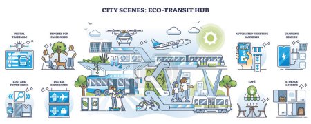 City scenes with eco transit hub for effective logistics system outline set. Collection for modern and nature friendly station with available services and passenger amenities vector illustration.