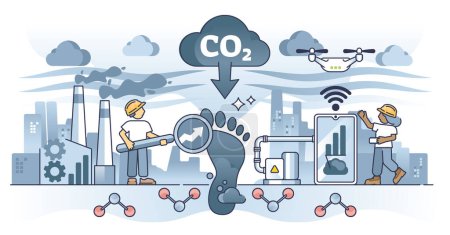 Fog emission from CO2 or carbon dioxide urban pollution outline concept. Air with toxic fumes and gas from industrial factory chimneys vector illustration. City exhaust level monitoring and control.