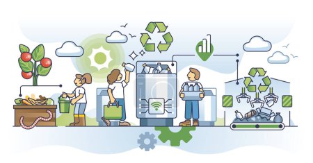 Illustration for Efficient waste and garbage management for better tomorrow outline concept. Trash collection, separation and recycling as nature friendly and sustainable system for environment vector illustration. - Royalty Free Image