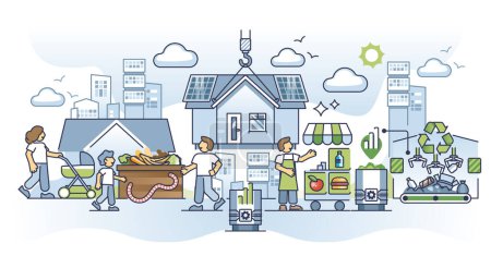 Illustration for Sustainable living in modern cities with waste management outline concept. Residential urban area with local food market and modern technology usage vector illustration. Recycling awareness and care. - Royalty Free Image