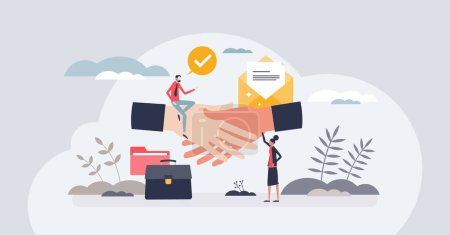 Illustration for Deal sealed and successful contract agreement handshake tiny person concept. Final collaboration moment with future company partnership vector illustration. Effective sales work for business success. - Royalty Free Image