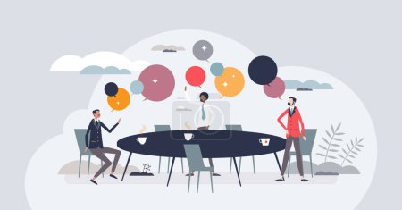 Illustration for Collaborative brainstorming session with idea sharing tiny person concept. Business meeting with talking, arguing and different opinions communication vector illustration. Teamwork and partnership. - Royalty Free Image