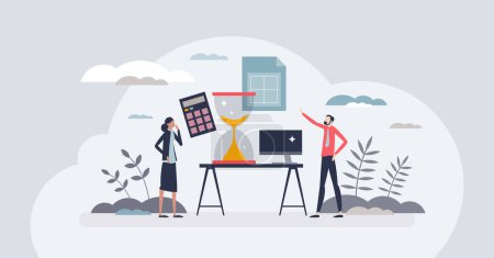 Illustration for Time essence in business for effective or productive work tiny person concept. Motivational leadership with fast task management and precise deadline vector illustration. Businessman rush pressure. - Royalty Free Image