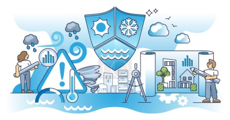 Illustration for Climate risk management and warning calculations for society safety outline concept. Scientific future forecasting with weather disasters, water level rising and destructive heat vector illustration. - Royalty Free Image
