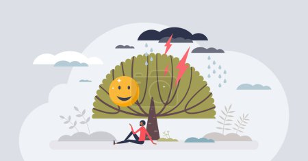 Illustration for Weathering emotional storms with effective mental method tiny person concept. Psychological mind technique to overcome anxiety, depression, frustration and stress feelings vector illustration. - Royalty Free Image