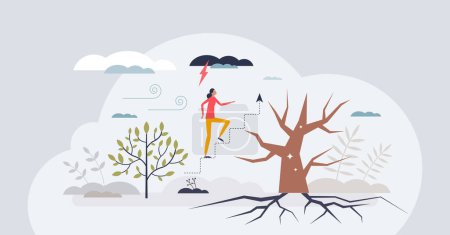 Illustration for Steady growth to reach top in adverse times with challenges tiny person concept. Personal and professional development or growth with clear vision, persistence and empowerment vector illustration. - Royalty Free Image